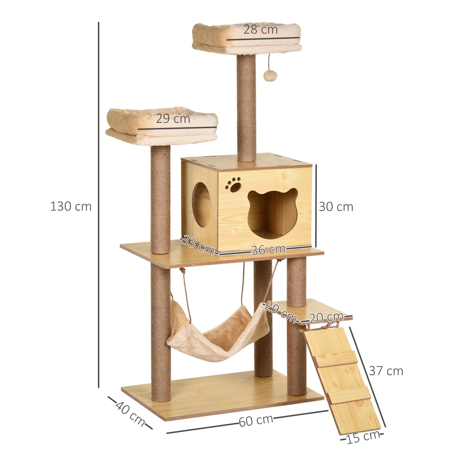 Pawhut - Arbre à chats design contemporain griffoirs grattoirs sisal naturel niche plate-formes hamac boule panneaux particules beige - Image 3