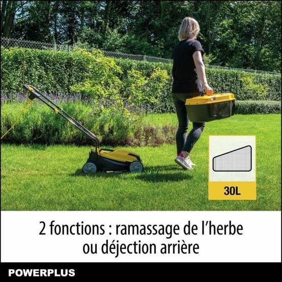 Tondeuse électrique filaire 1000 W, 320 mm, hauteur 25-65 mm, bac 30 L 2-en-1 - POWERPLUS - Image 3