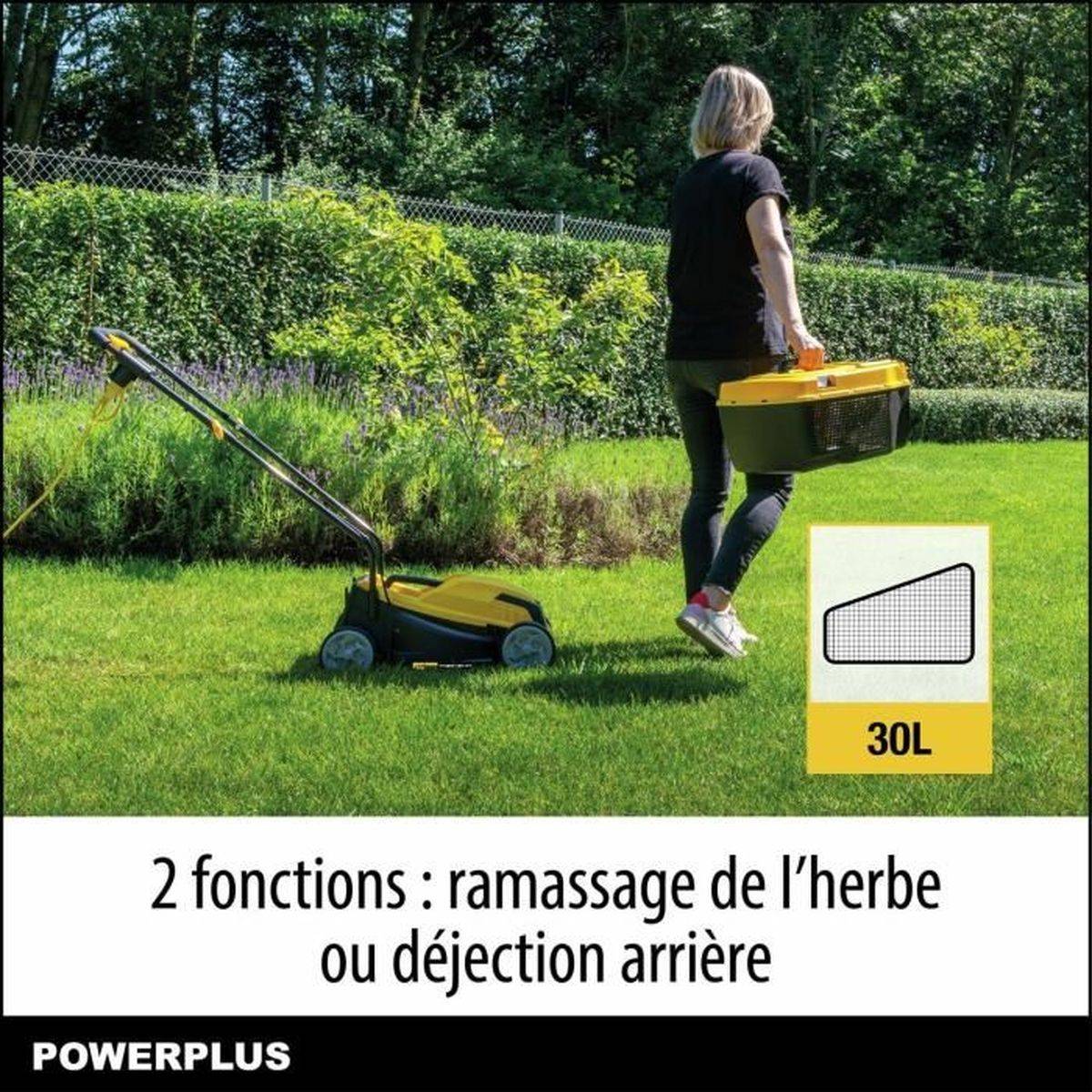 Tondeuse électrique filaire 1000 W, 320 mm, hauteur 25-65 mm, bac 30 L 2-en-1 - POWERPLUS - Image 3