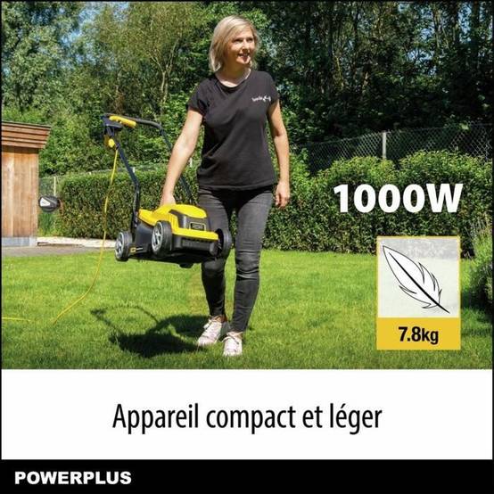 Tondeuse électrique filaire 1000 W, 320 mm, hauteur 25-65 mm, bac 30 L 2-en-1 - POWERPLUS - Image 2