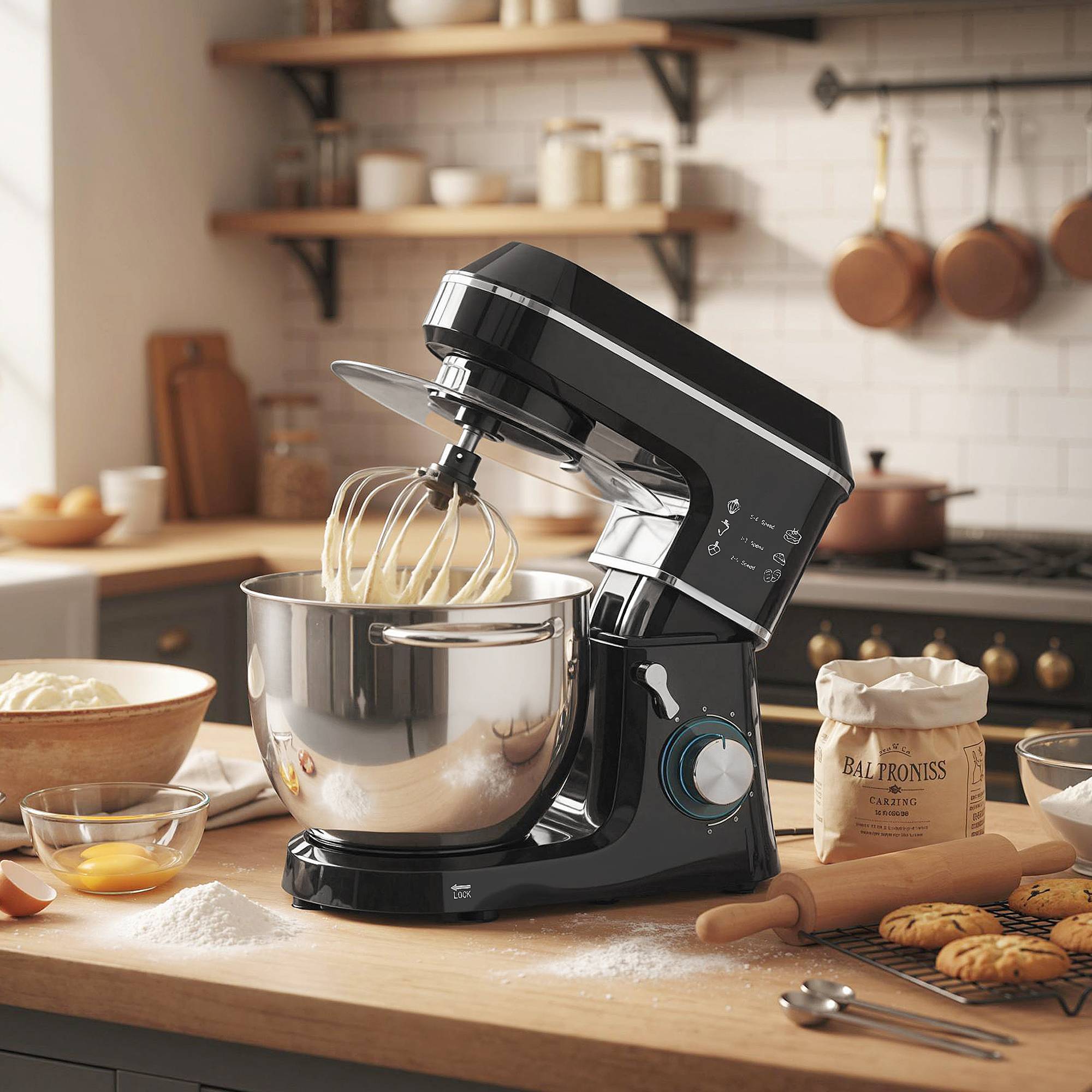 Robot pâtissier 1400W, pétrin pro 7L vitesses 6+P, crochet de pétrissage, noir - Image 3