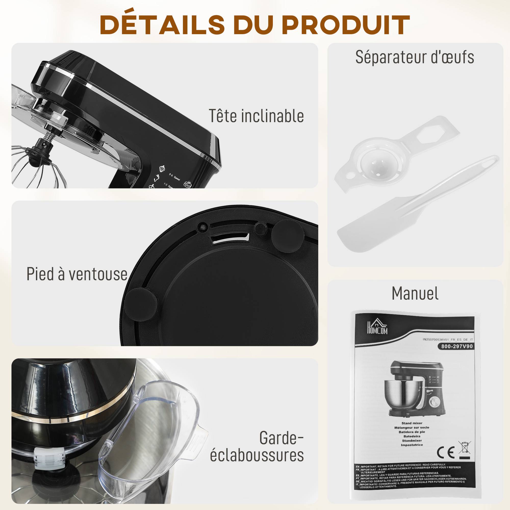 Robot pâtissier 1400W, pétrin pro 7L vitesses 6+P, crochet de pétrissage, noir - Image 9