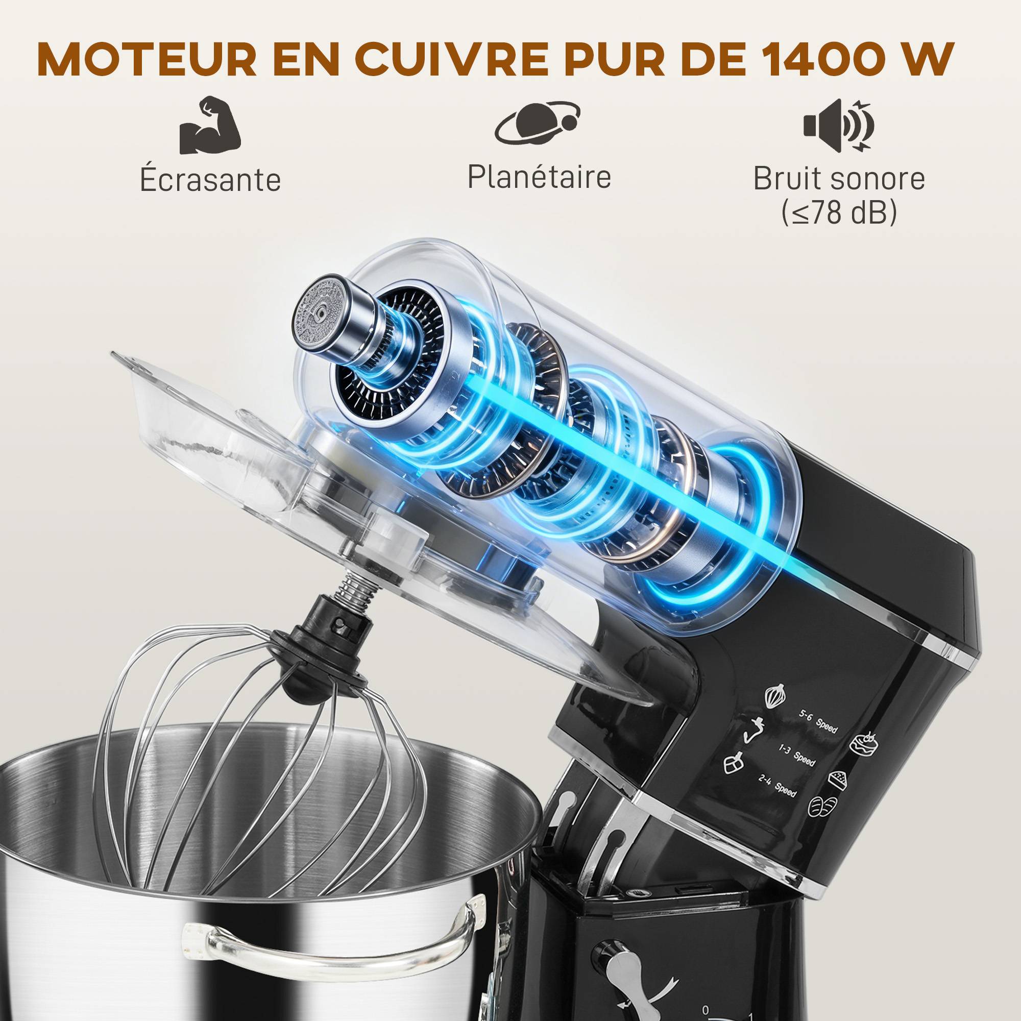 Robot pâtissier 1400W, pétrin pro 7L vitesses 6+P, crochet de pétrissage, noir - Image 6