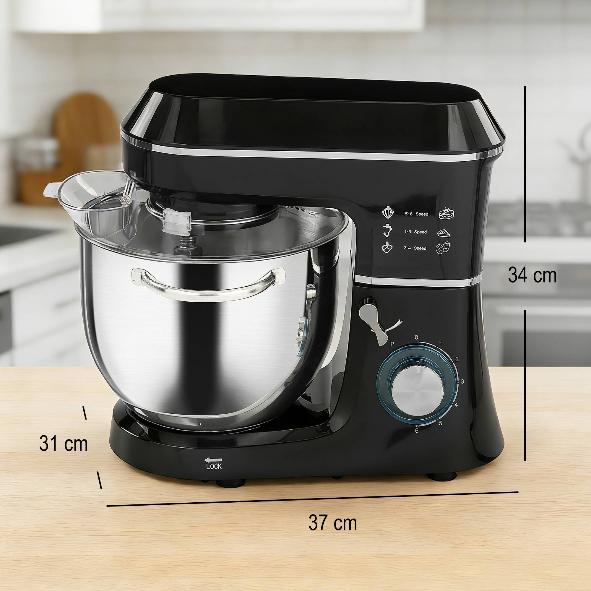 Robot pâtissier 1400W, pétrin pro 7L vitesses 6+P, crochet de pétrissage, noir - Image 5