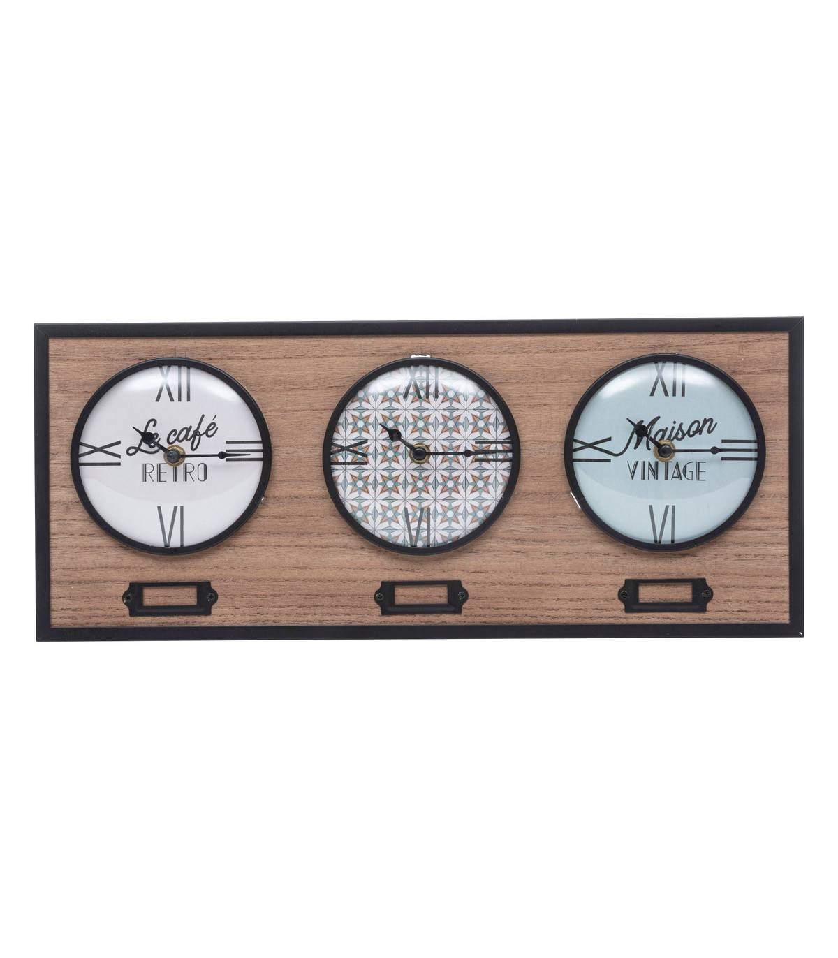 Pendule murale 3 cadrans en métal et bois 48 x 20 cm - Imagen 1