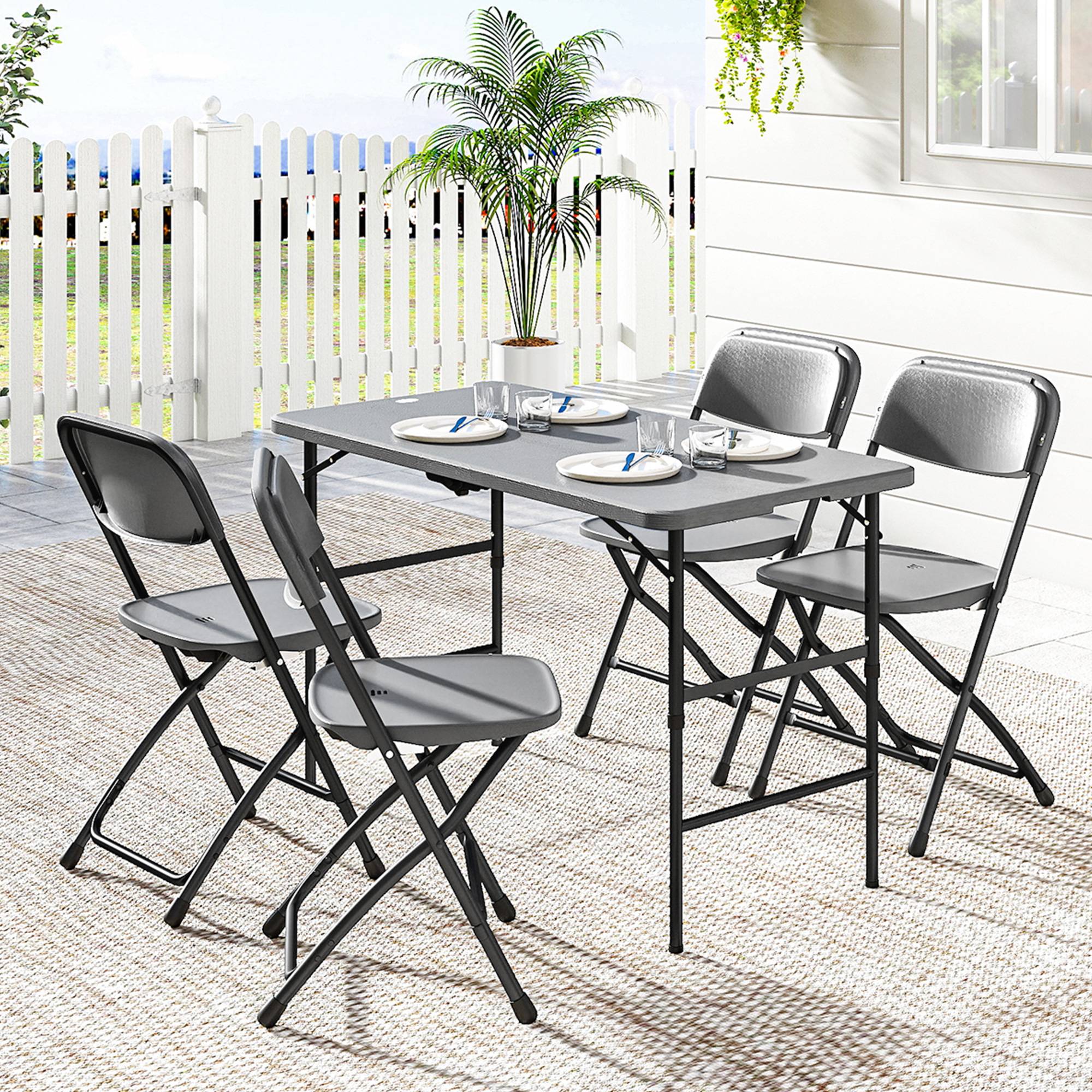 ComfortXL - Salon de jardin 5 pièces acier HDPE effet bois table hauteur réglable chaises gris foncé - ComfortXL Outdoor Living - Image 4
