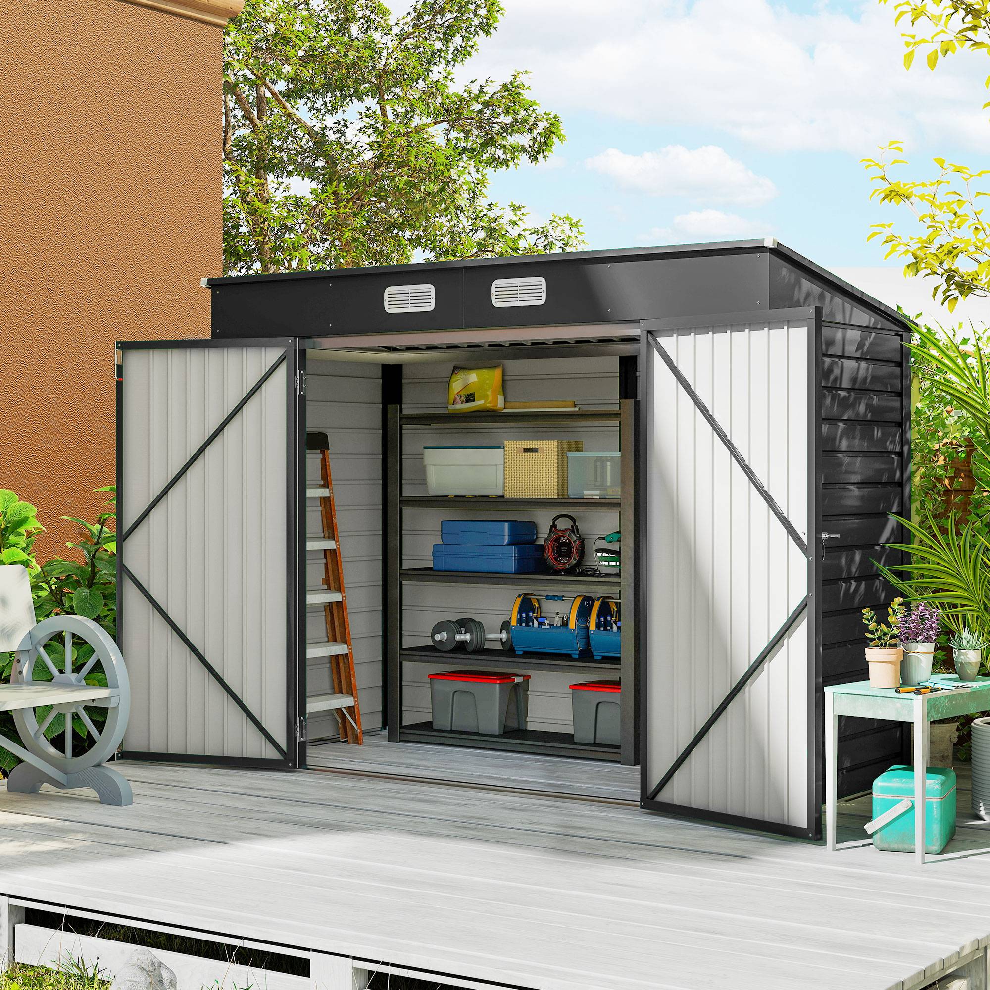 ComfortXL - Abri de jardin tôle acier pour équipement extérieur double porte verrouillable 249cm gris - ComfortXL Outdoor Living - Image 3