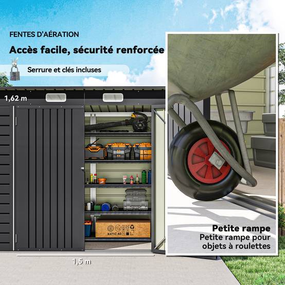 ComfortXL - Abri de jardin tôle acier pour équipement extérieur double porte verrouillable 249cm gris - ComfortXL Outdoor Living - Image 8