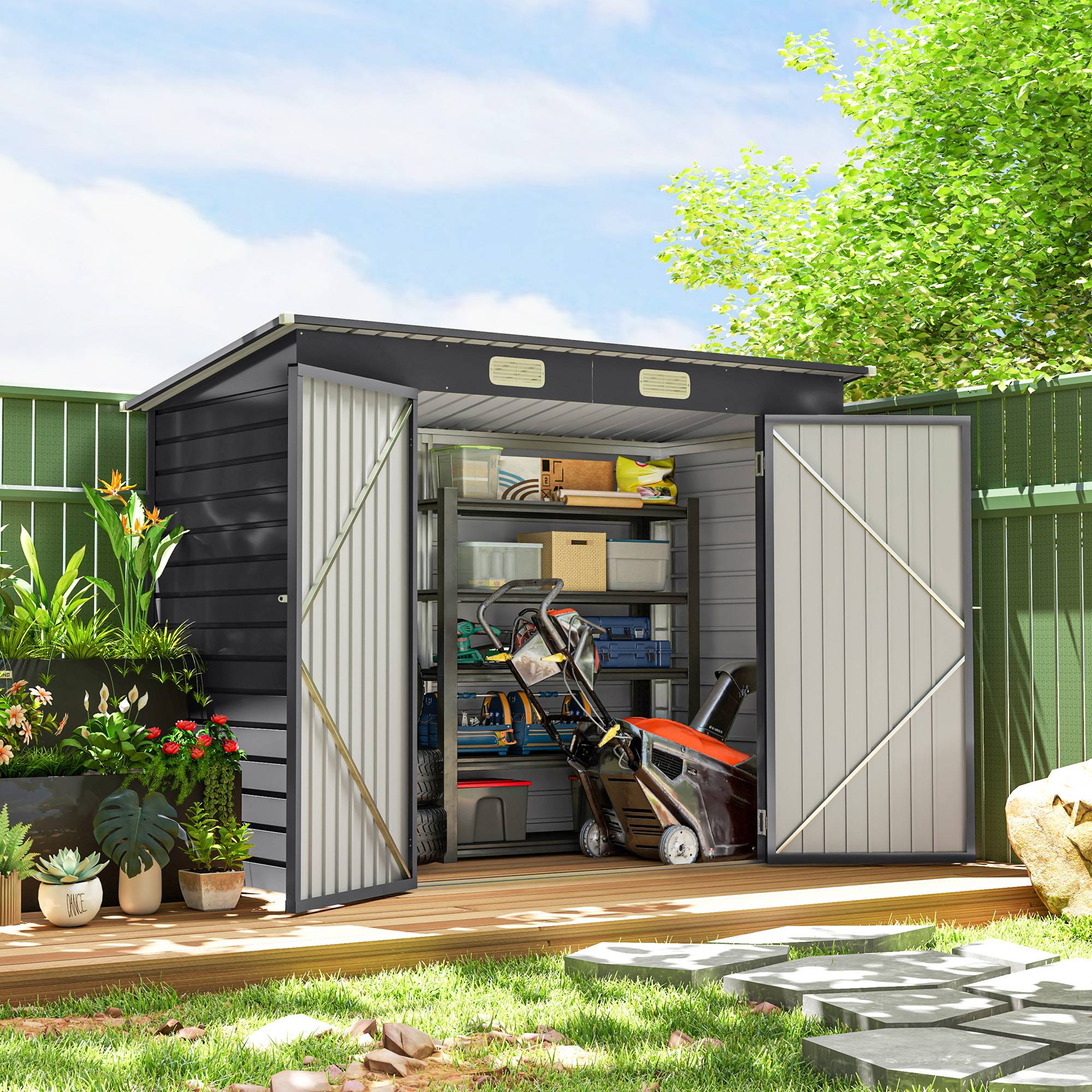 ComfortXL - Abri de jardin tôle acier pour équipement extérieur double porte verrouillable 249cm gris - ComfortXL Outdoor Living - Image 4