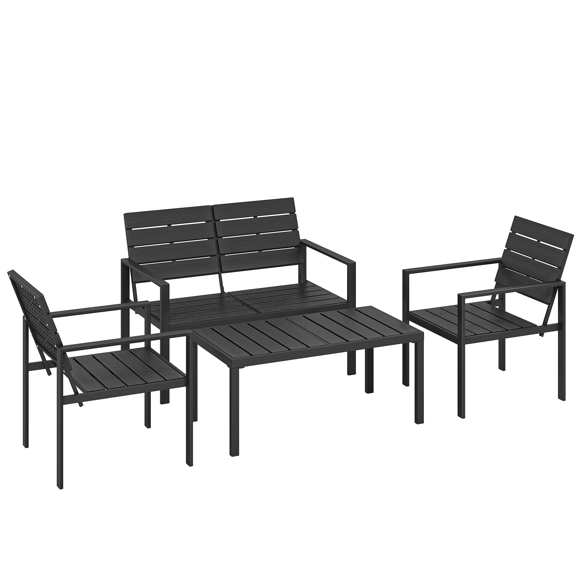 Outsunny - Salon de jardin extérieur 4 pièces - avec canapé 2 places, 2 chaises et table basse - pour terrasse veranda - noir - Outsunny