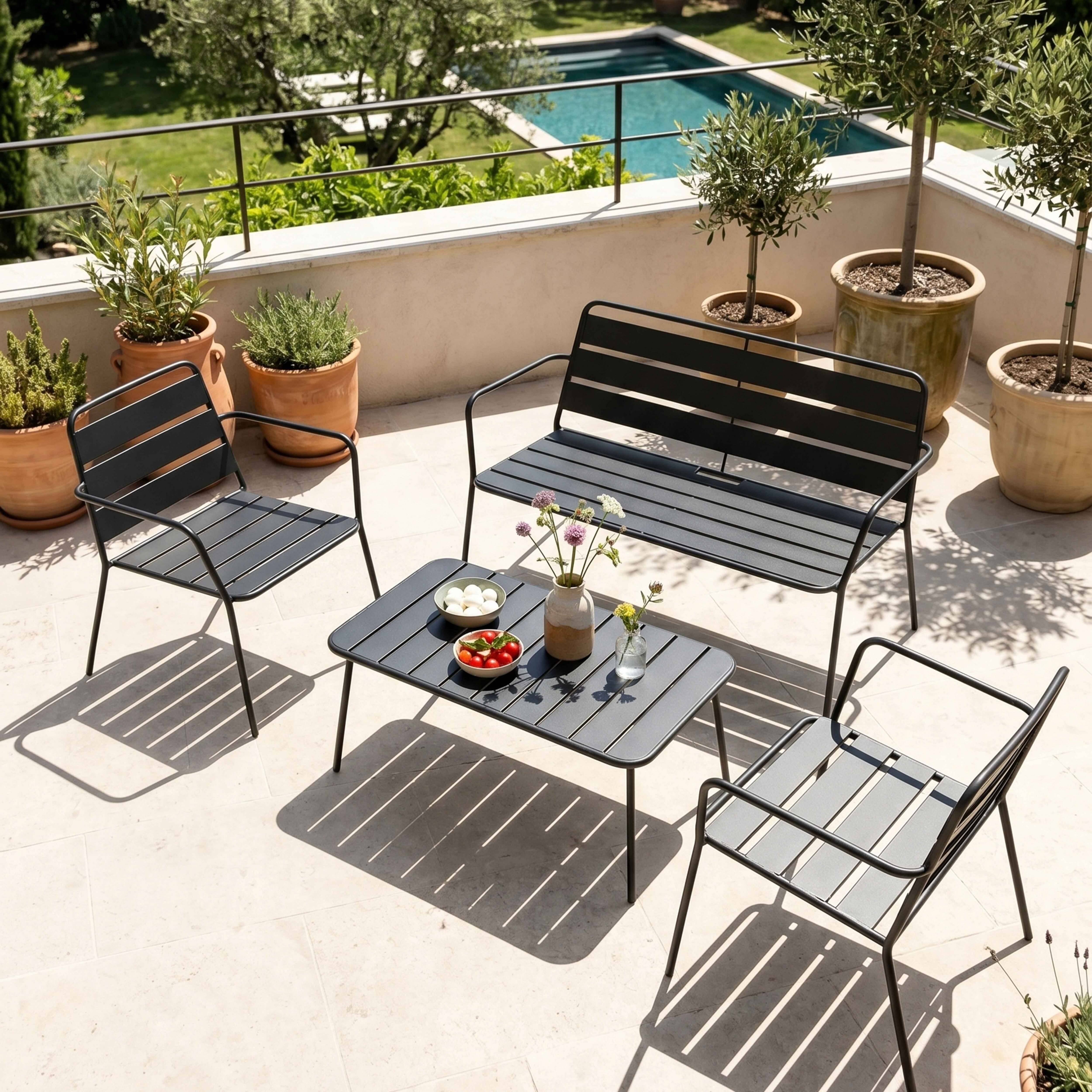 Oviala - Salon de jardin 4 places et 1 table basse en acier anthracite Palavas - Oviala - Imagen 2