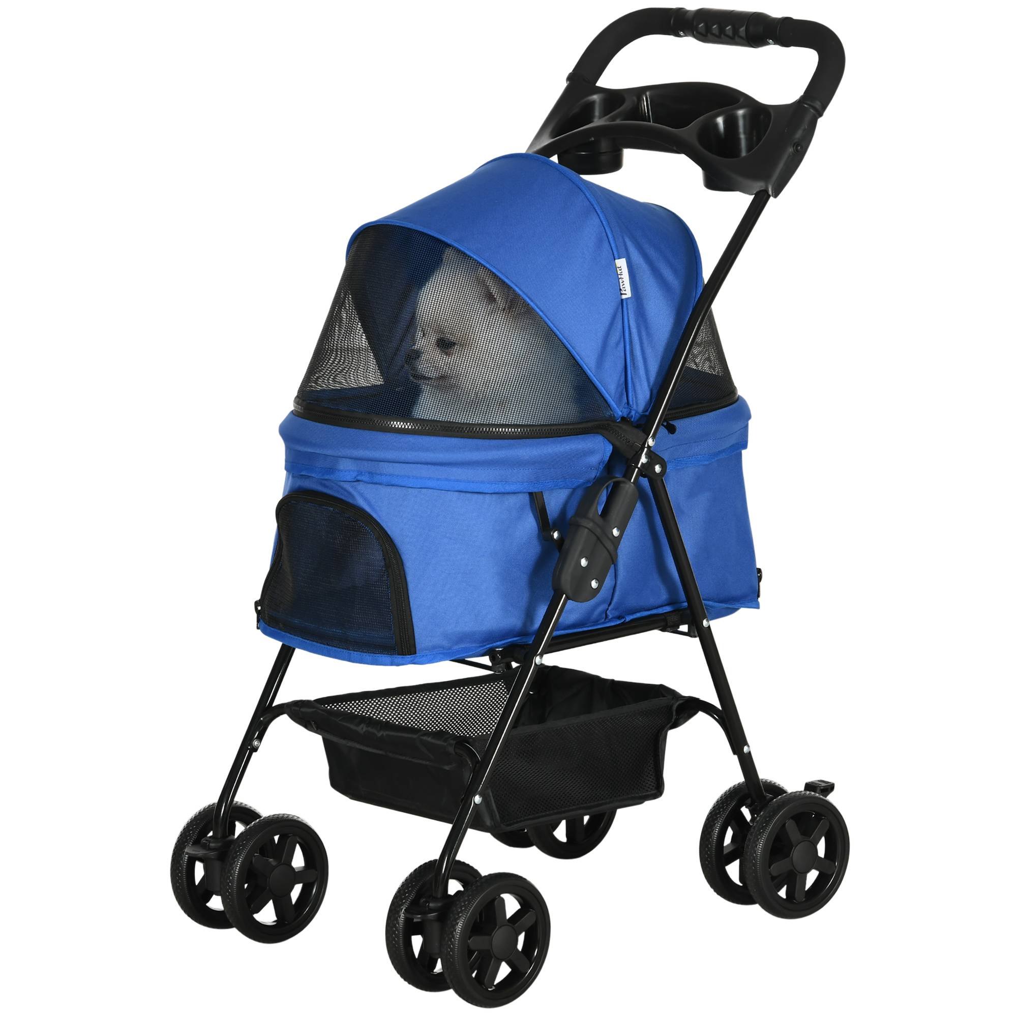 Poussette chien, pliable, fenêtre filet, toit amovible, gobelet, panier bas, acier, bleu, 67 x 45 x 96 cm - Image 2