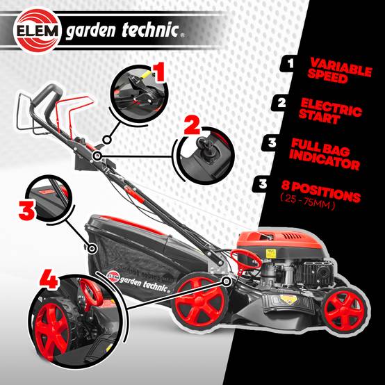 Elem Garden Technic - Tondeuse thermique autotractée 173cc - 50.6cm avec démarrage électrique -mulching - éjection latérale - Elem Garden - Image 3