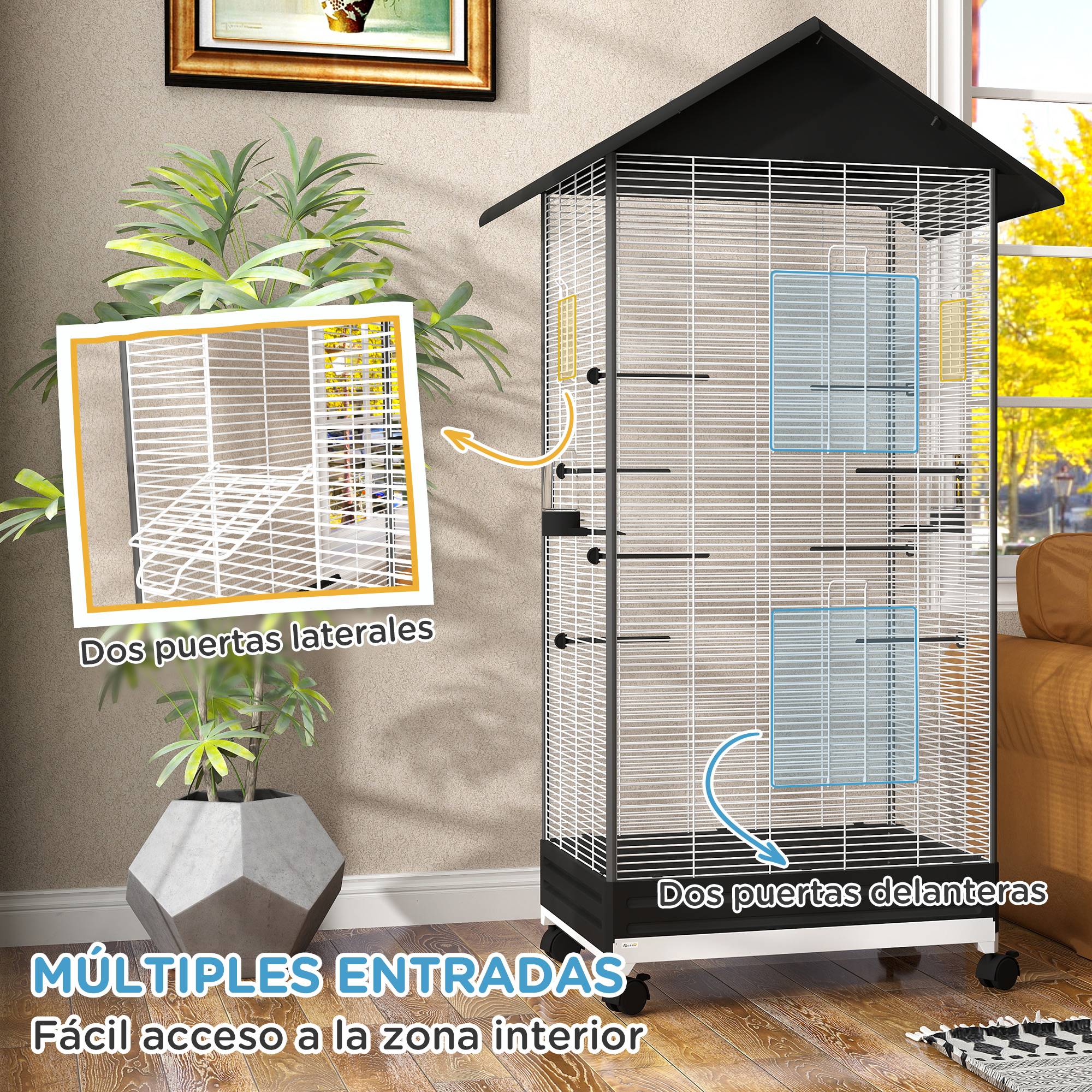 Cage à oiseaux sur roulettes, volière métallique avec plateau extractible et portes, 79x65x155 cm, noir - Image 8