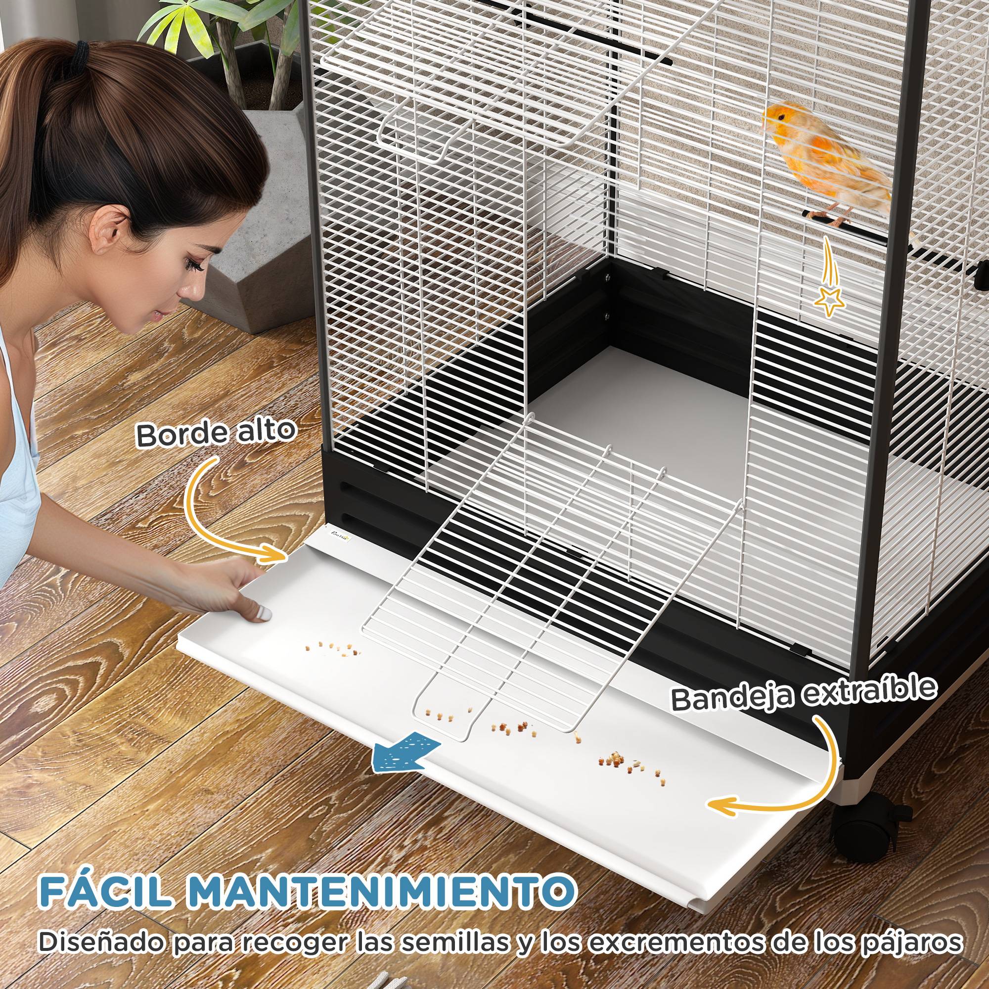 Cage à oiseaux sur roulettes, volière métallique avec plateau extractible et portes, 79x65x155 cm, noir - Image 7