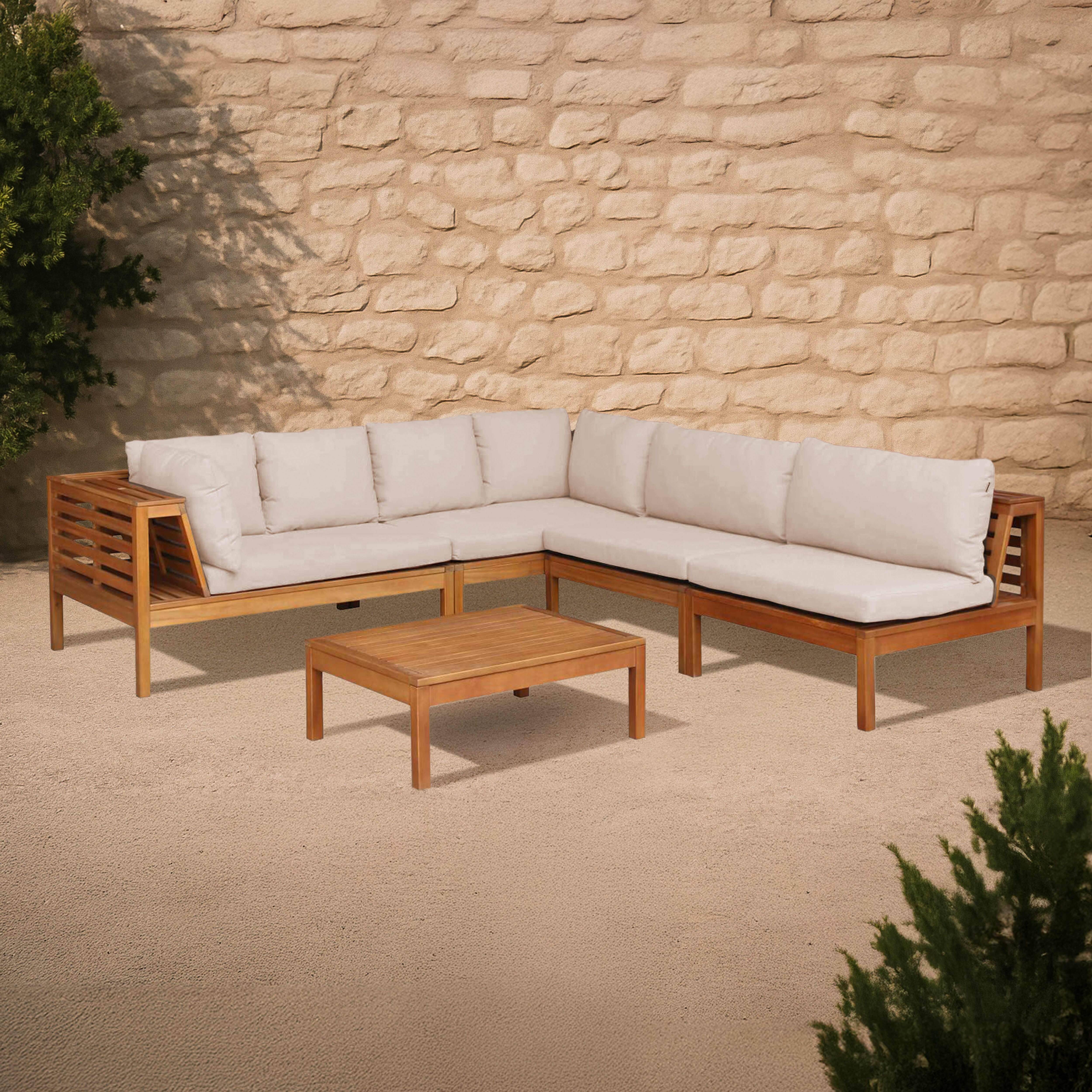 Oviala - Salon de jardin bas d'angle 5 places en bois avec table écru Maupiti Maupiti - Oviala - Imagen 2