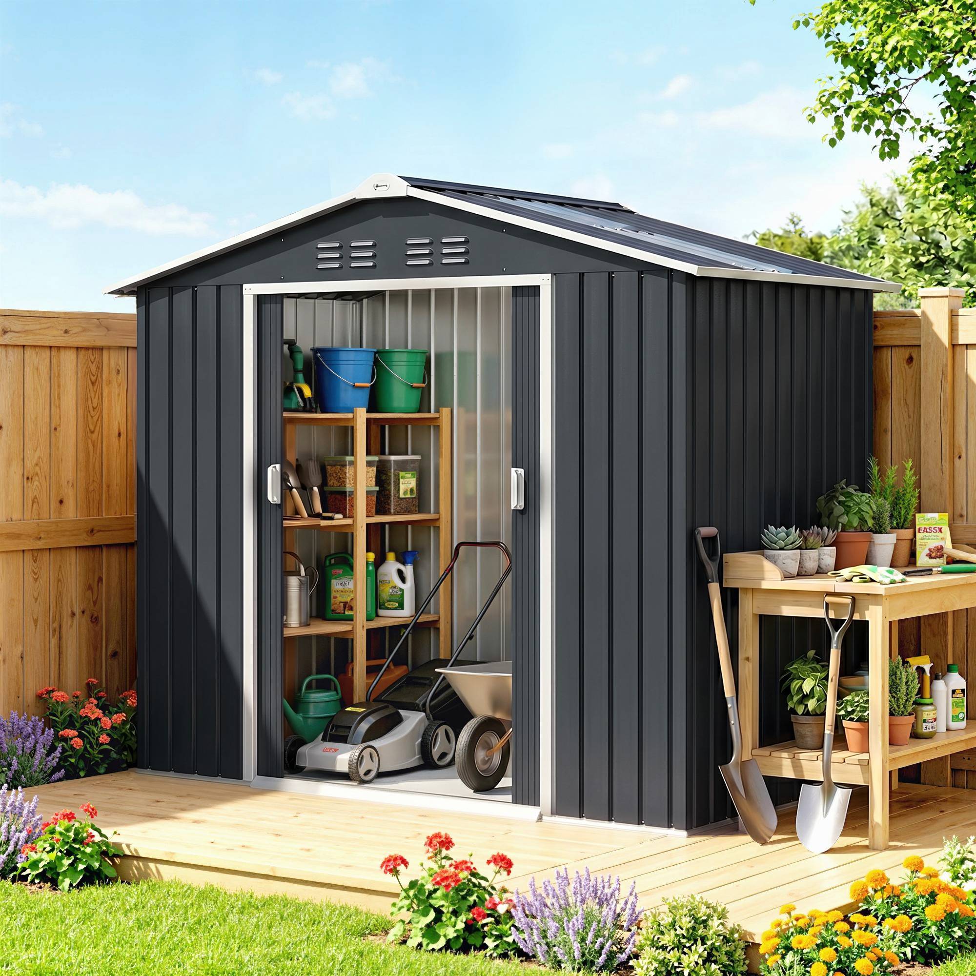 Abri de jardin métallique 2,77 m² 213x130x185 cm avec fondation porte coulissante gris foncé - Image 3
