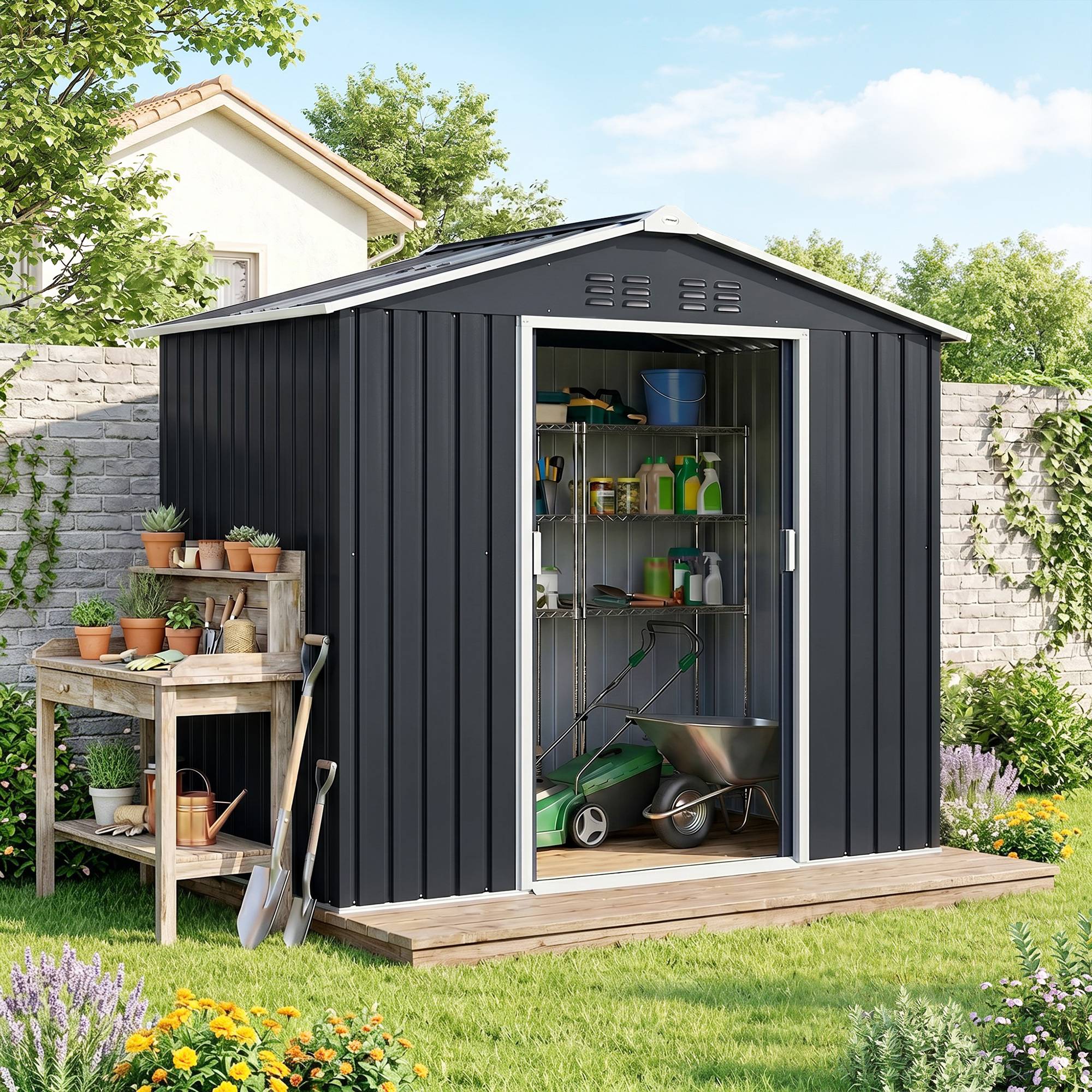 Abri de jardin métallique 2,77 m² 213x130x185 cm avec fondation porte coulissante gris foncé - Image 4