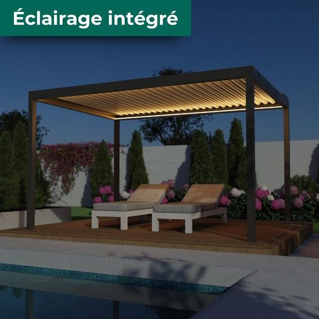 Pergola Bioclimatique Aluminium Autoportante Motorisée Éclairée 4x3 Gris SV ORIAL France - Image 1