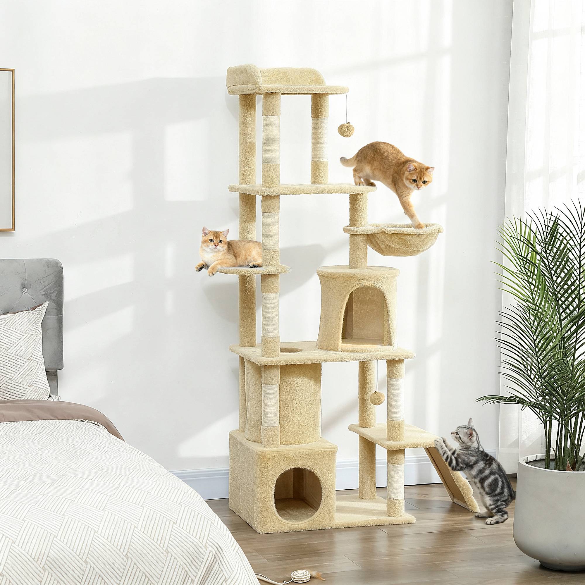 Grand arbre à chat 170cm, 7 poteaux, 1 tunnel, 3 plateformes, 2 grottes ...