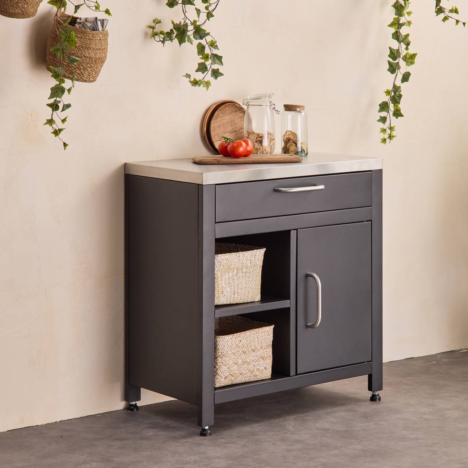 sweeek - Meuble de cuisine extérieure en acier L80cm avec 1 tiroir. 1 porte et 2 étagères de rangement | sweeek - Image 1