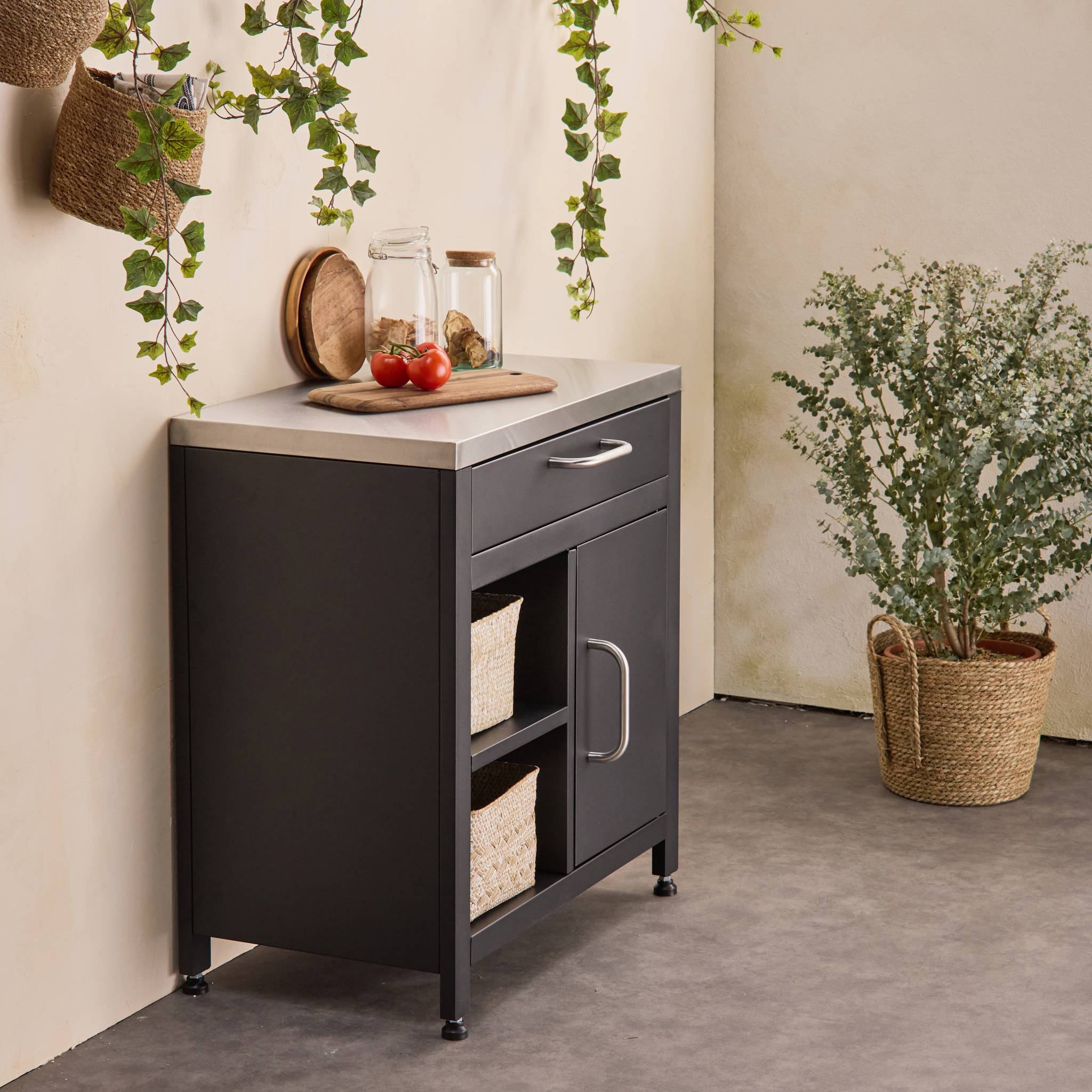 sweeek - Meuble de cuisine extérieure en acier L80cm avec 1 tiroir. 1 porte et 2 étagères de rangement | sweeek - Image 3