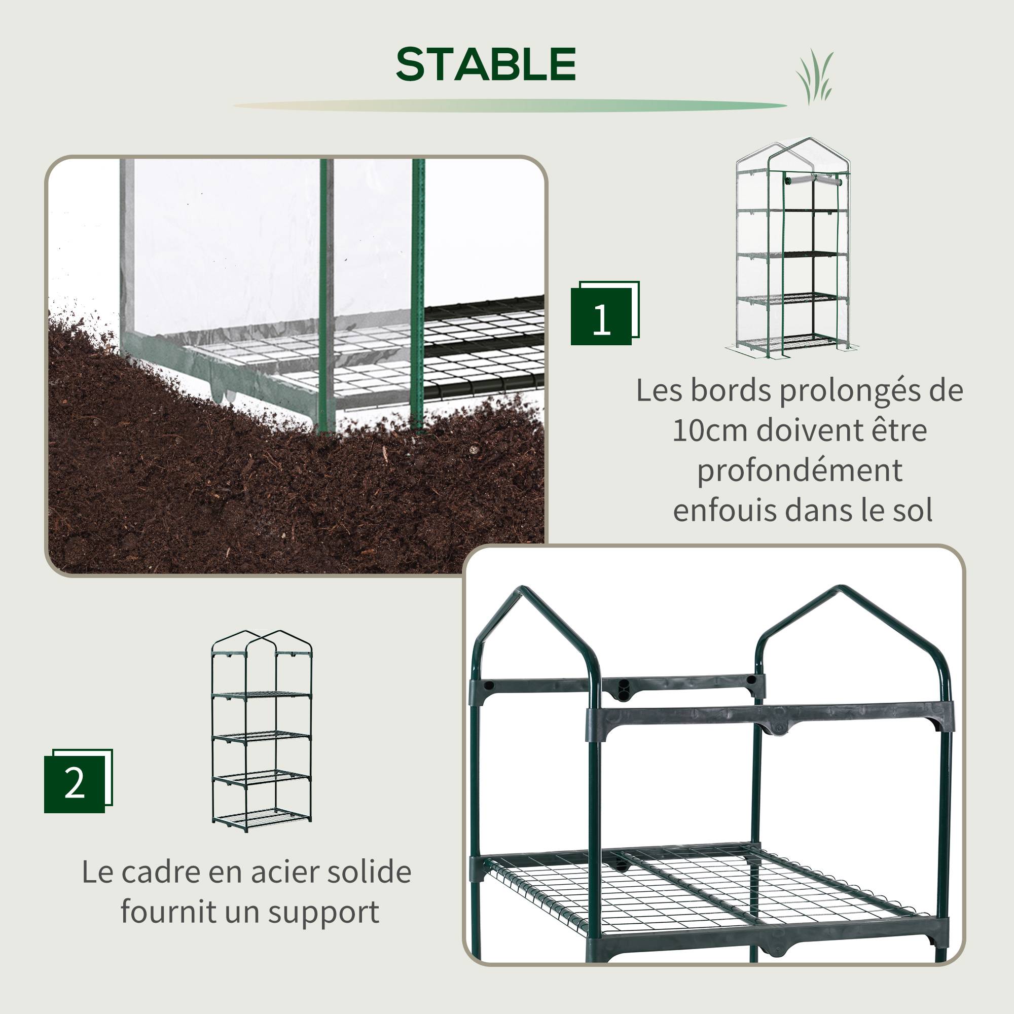 Serre de jardin 4 niveaux 70x50x160 cm avec étagères, bâche PVC renforcée, structure acier, porte zippée, plantes et fleurs - Image 3