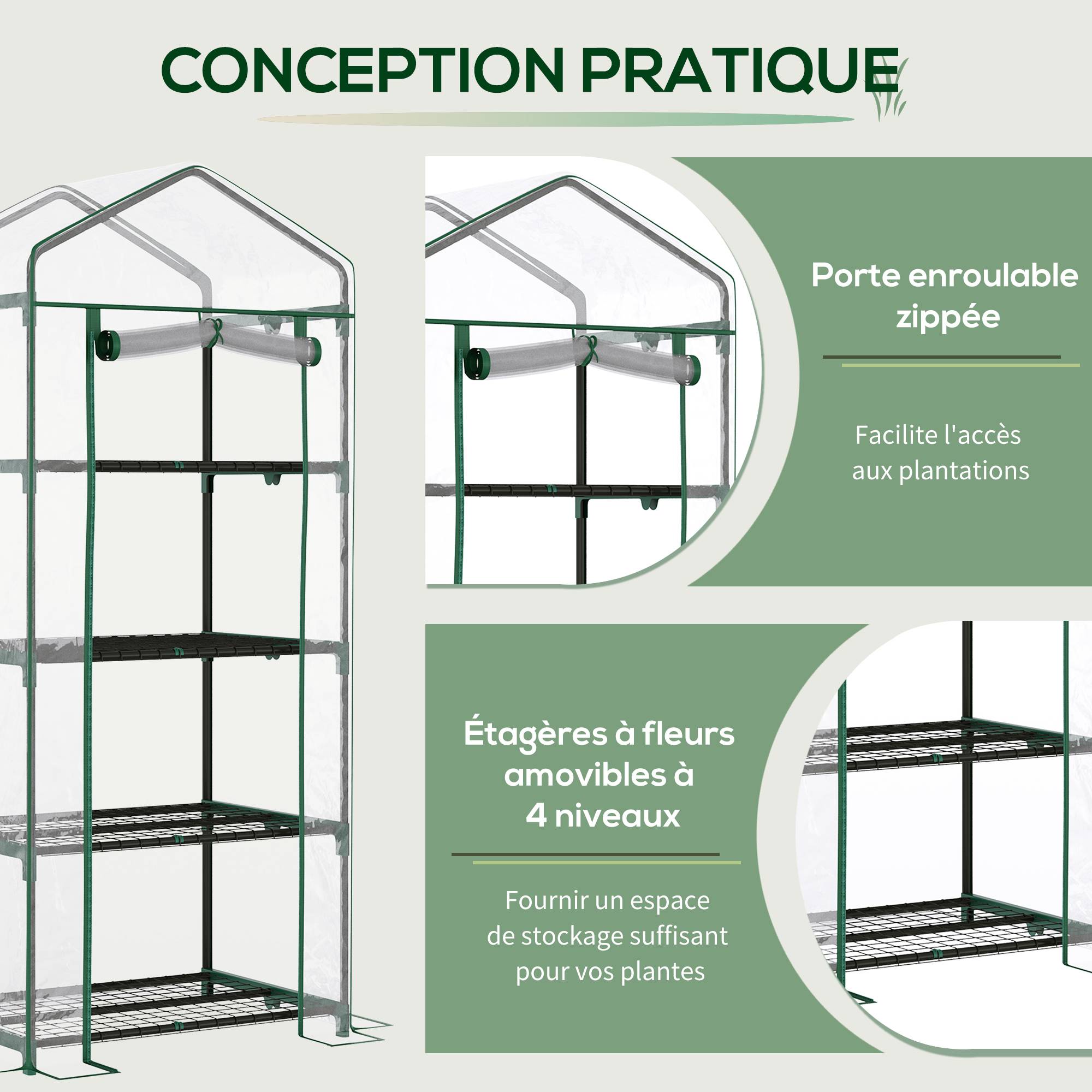Serre de jardin 4 niveaux 70x50x160 cm avec étagères, bâche PVC renforcée, structure acier, porte zippée, plantes et fleurs - Image 5