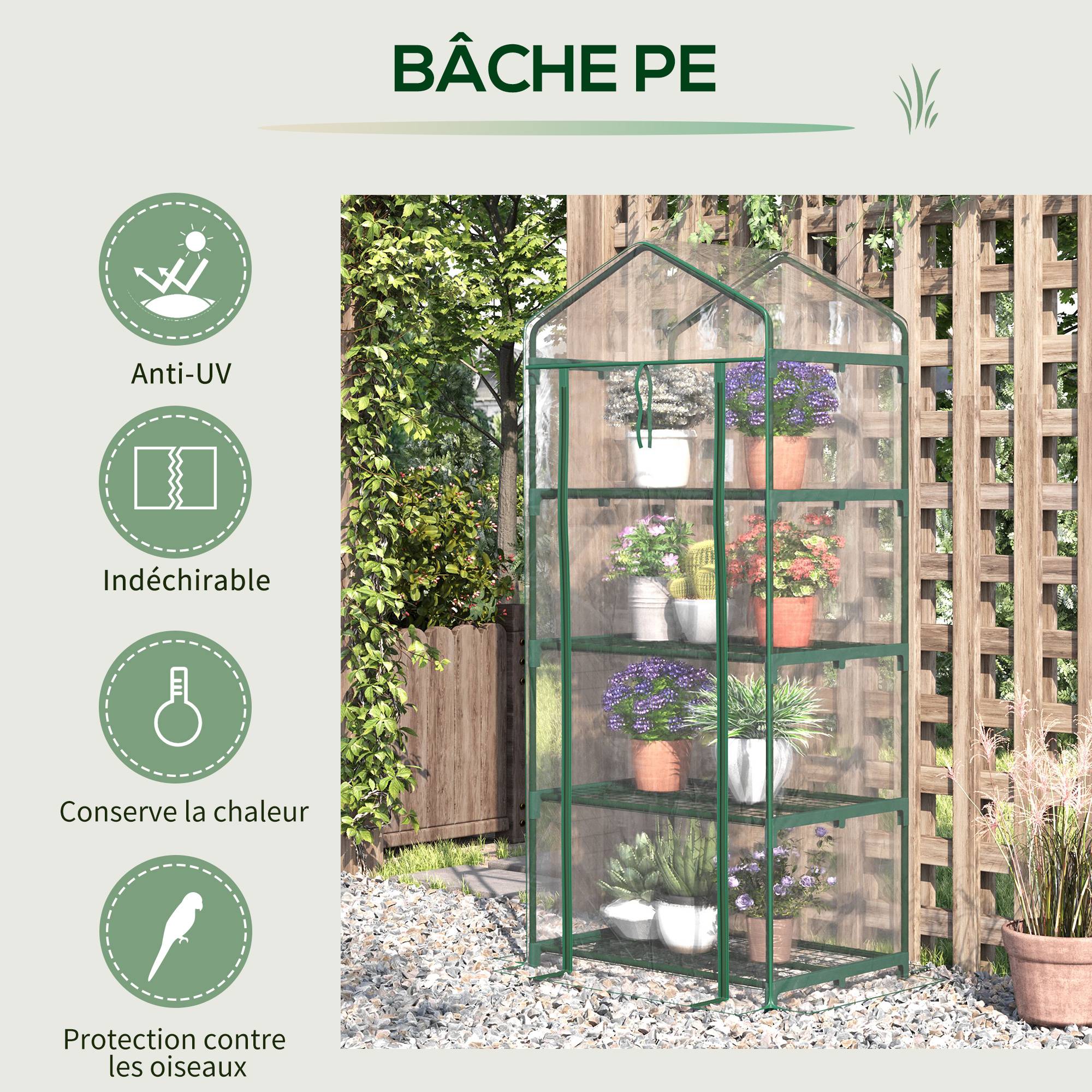 Serre de jardin 4 niveaux 70x50x160 cm avec étagères, bâche PVC renforcée, structure acier, porte zippée, plantes et fleurs - Image 4