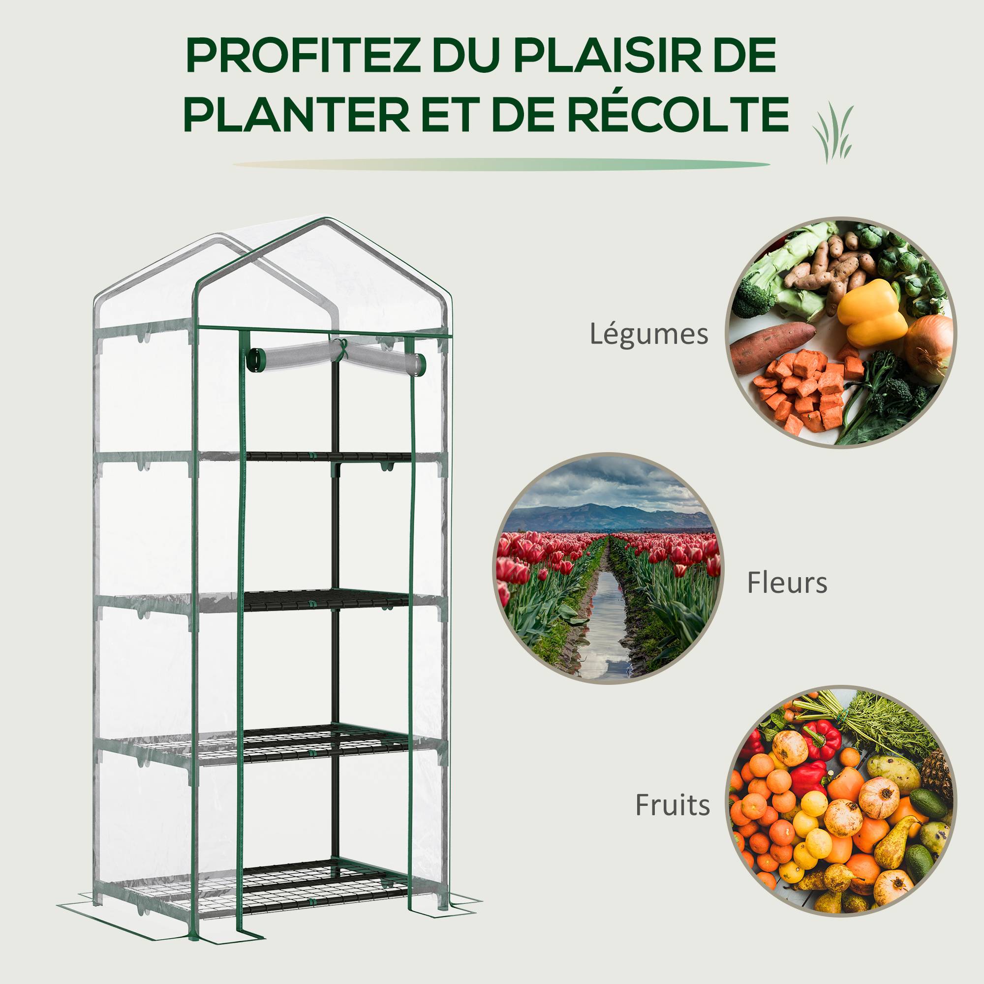 Serre de jardin 4 niveaux 70x50x160 cm avec étagères, bâche PVC renforcée, structure acier, porte zippée, plantes et fleurs - Image 6
