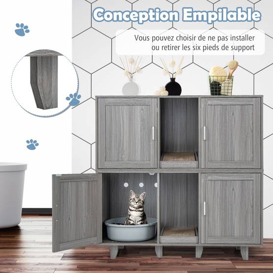 Maison de Toilette pour Chat 2 Portes Planche à Gratter Amovible Meuble Bac à Litière pour Chat 2 Compartiments Gris+Noyer - Image 8