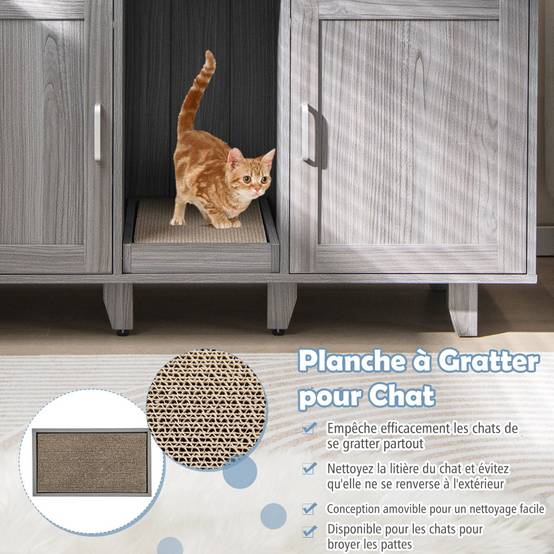 Maison de Toilette pour Chat 2 Portes Planche à Gratter Amovible Meuble Bac à Litière pour Chat 2 Compartiments Gris+Noyer - Image 6