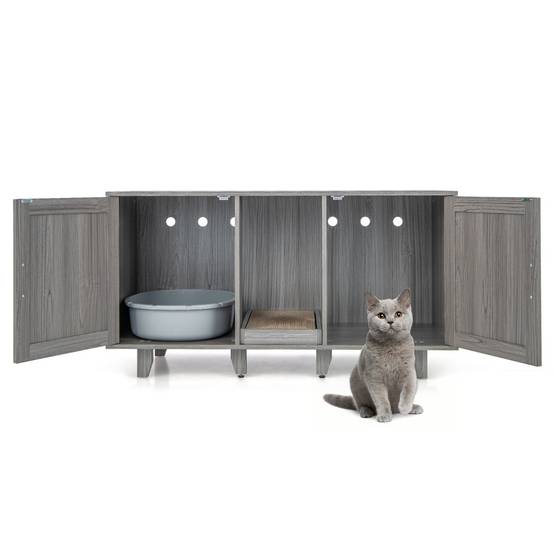 Maison de Toilette pour Chat 2 Portes Planche à Gratter Amovible Meuble Bac à Litière pour Chat 2 Compartiments Gris+Noyer - Image 4