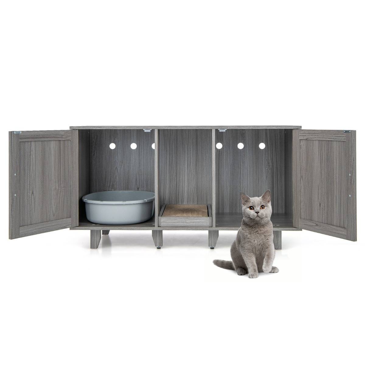Maison de Toilette pour Chat 2 Portes Planche à Gratter Amovible Meuble Bac à Litière pour Chat 2 Compartiments Gris+Noyer - Image 4
