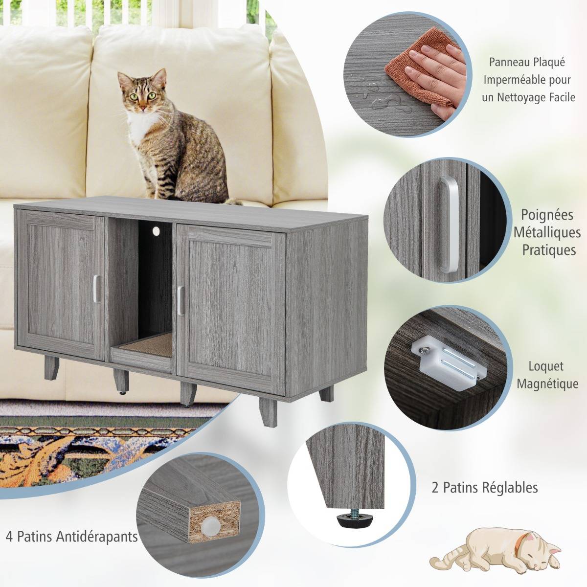 Maison de Toilette pour Chat 2 Portes Planche à Gratter Amovible Meuble Bac à Litière pour Chat 2 Compartiments Gris+Noyer - Image 5