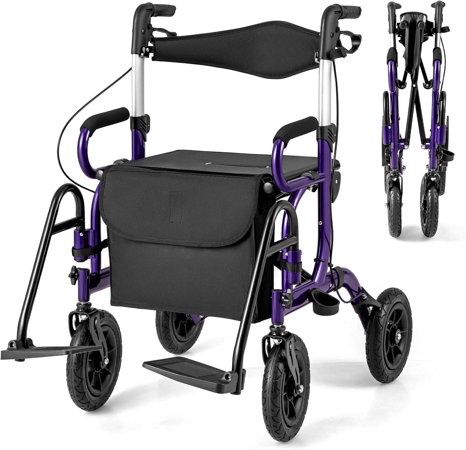 Costway - Déambulateur Tout-Terrain à 4 Roues avec Siège, Combiné Déambulateur et Fauteuil Roulant 2-en-1 avec Pneus Pneumatiques de 23 cm Hauteur Réglable, Rol