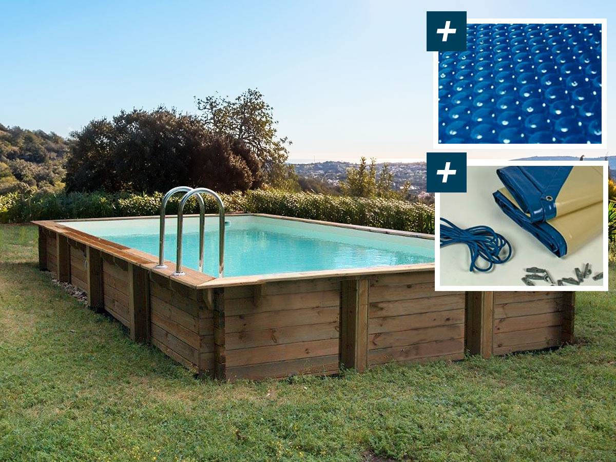 Piscine Bois En Kit Rectangle "kolanta " - 10.20 X 5.20 X 1.44 M + Bâche à Bulles 400 µ - Bâche Hiver 280 G/m² -habitat Et Jardin