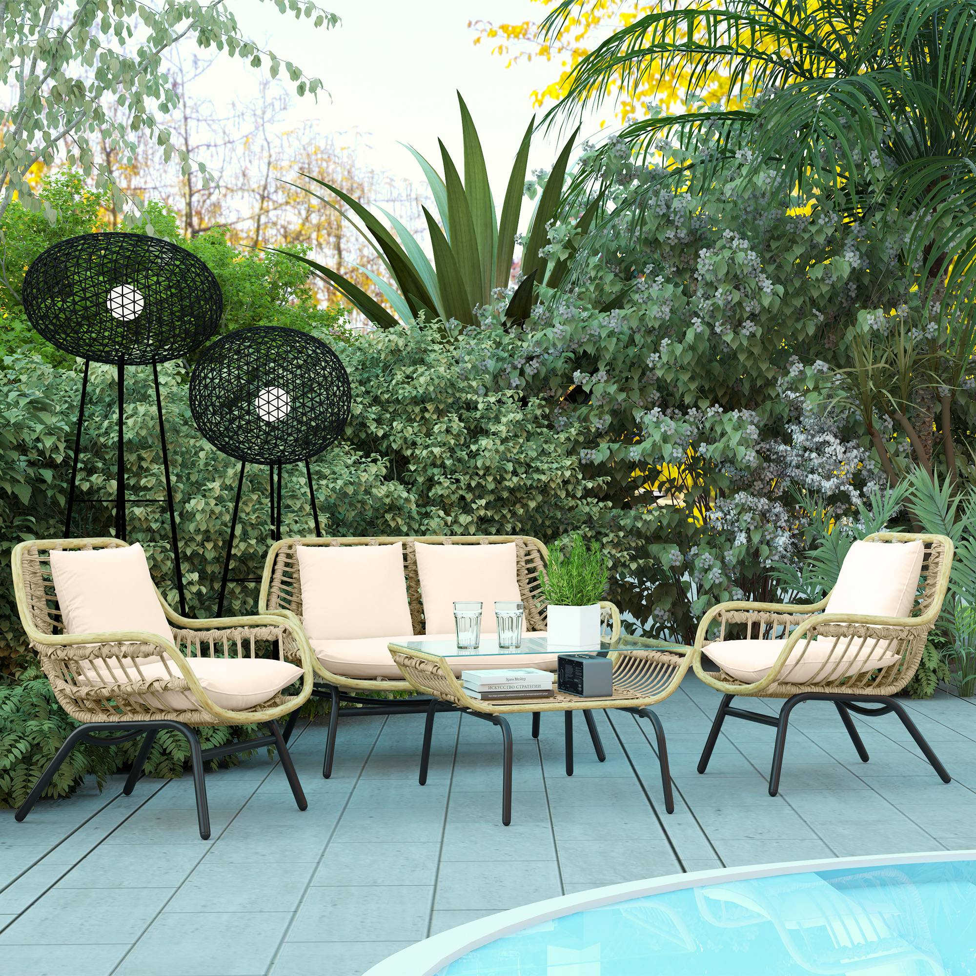 ComfortXL - Salon de jardin 4 places Métal Résine Terrasse Véranda Coussins inclus Beige - ComfortXL Outdoor Living - Image 3