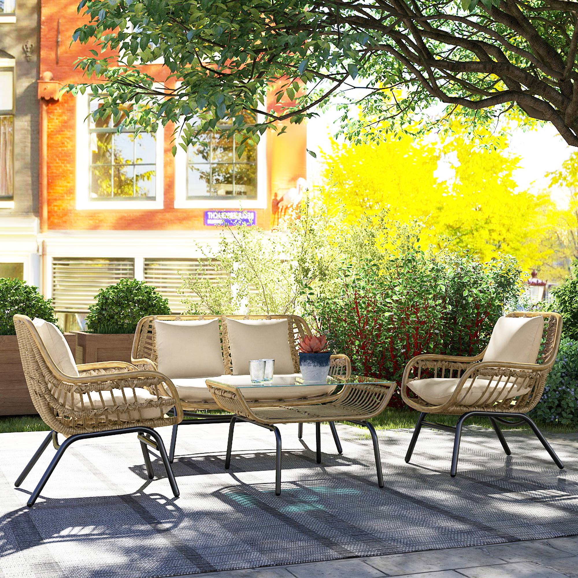 ComfortXL - Salon de jardin 4 places Métal Résine Terrasse Véranda Coussins inclus Beige - ComfortXL Outdoor Living - Image 4