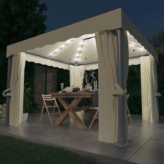 Tonnelle Aluminium avec Rideaux Moustiquaires et Guirlande Solaire LED pour Jardin Crème 3x3 m – ComfortXL Outdoor Living - Image 1