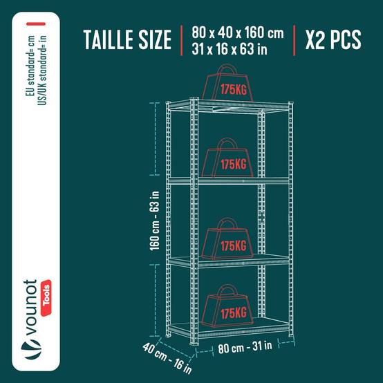 Lot de 2 étagères métalliques charge lourde 700kg - 80x40x160cm - 4 tablettes réglables - rayonnage robuste VOUNOT® - Image 3