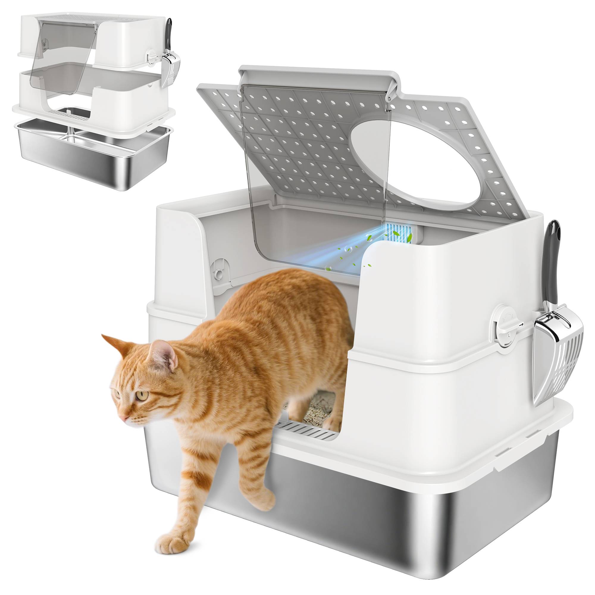 Litière chat acier inoxydable XL couvercle rabattable côtés hauts pelle antifuite gris clair - Image 1