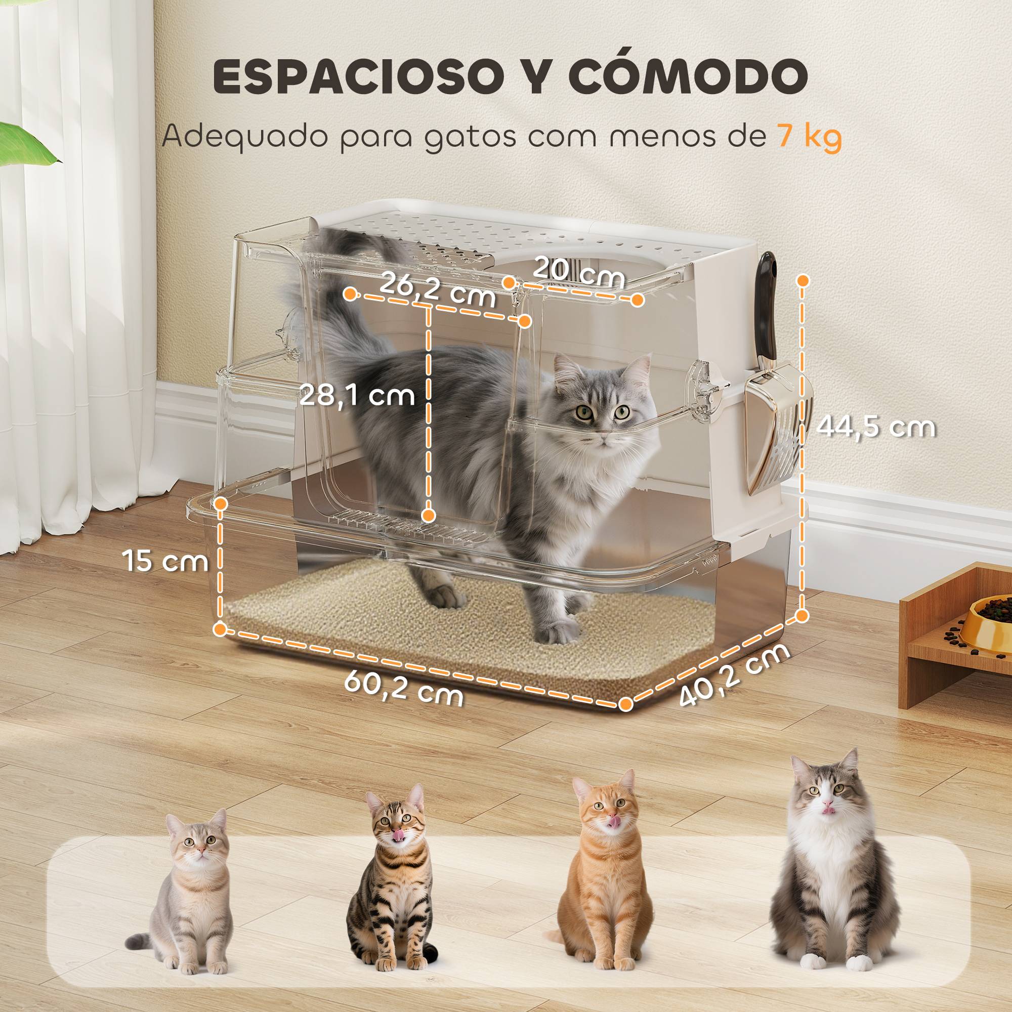 Litière chat acier inoxydable XL couvercle rabattable côtés hauts pelle antifuite gris clair - Image 5
