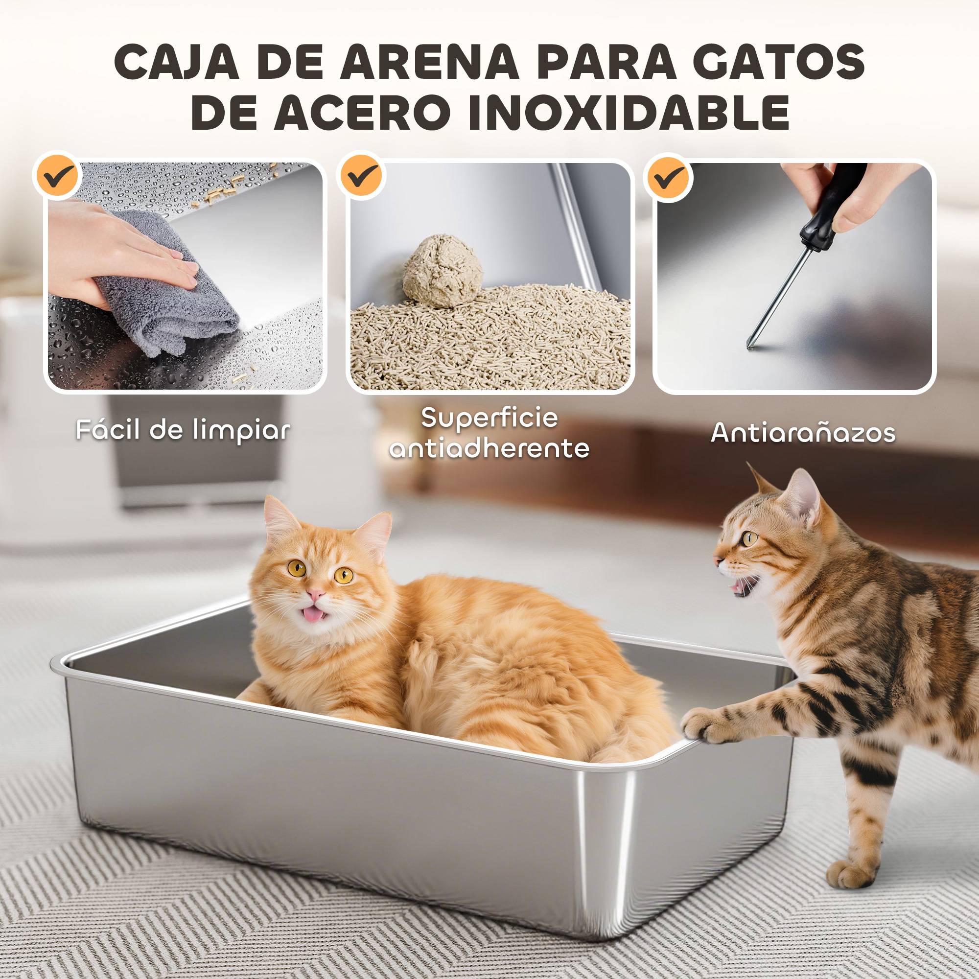 Litière chat acier inoxydable XL couvercle rabattable côtés hauts pelle antifuite gris clair - Image 6