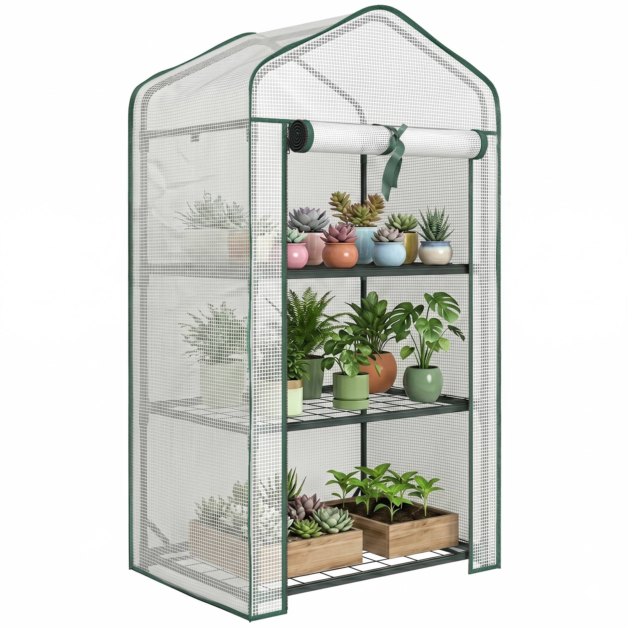 Serre de Jardin étagère 3 Niveaux dim. 59L x 39l x 127H cm métal thermolaqué Vert PE Haute densité 140g/m² Blanc - Image 1