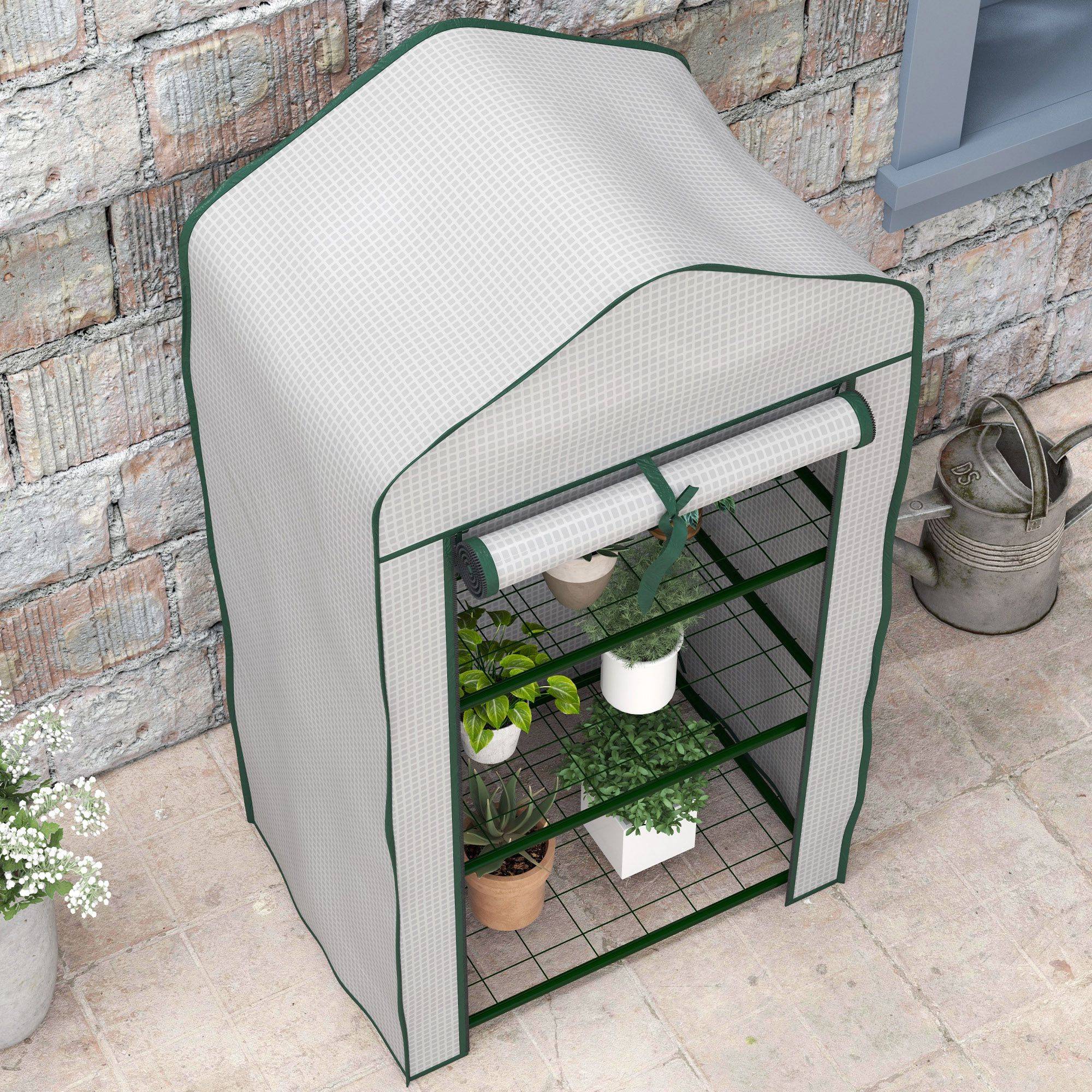 Serre de Jardin étagère 3 Niveaux dim. 59L x 39l x 127H cm métal thermolaqué Vert PE Haute densité 140g/m² Blanc - Image 10