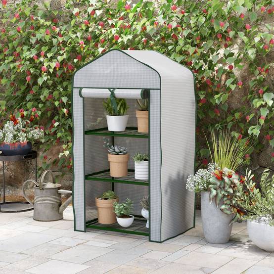 Serre de Jardin étagère 3 Niveaux dim. 59L x 39l x 127H cm métal thermolaqué Vert PE Haute densité 140g/m² Blanc - Image 4