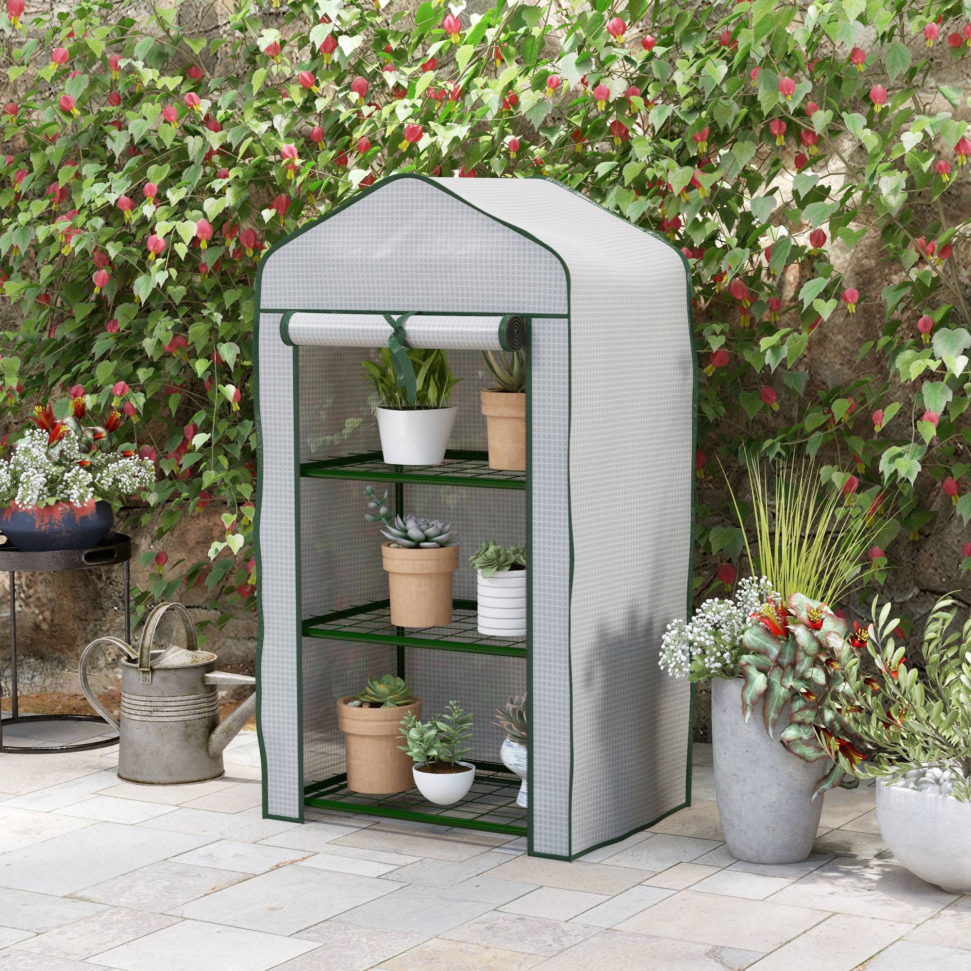 Serre de Jardin étagère 3 Niveaux dim. 59L x 39l x 127H cm métal thermolaqué Vert PE Haute densité 140g/m² Blanc - Image 4