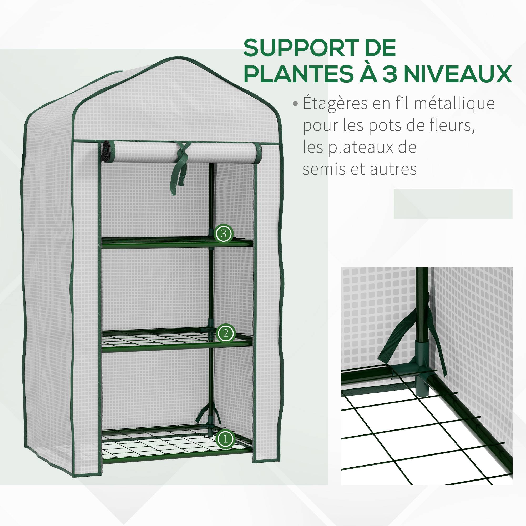 Serre de Jardin étagère 3 Niveaux dim. 59L x 39l x 127H cm métal thermolaqué Vert PE Haute densité 140g/m² Blanc - Image 7