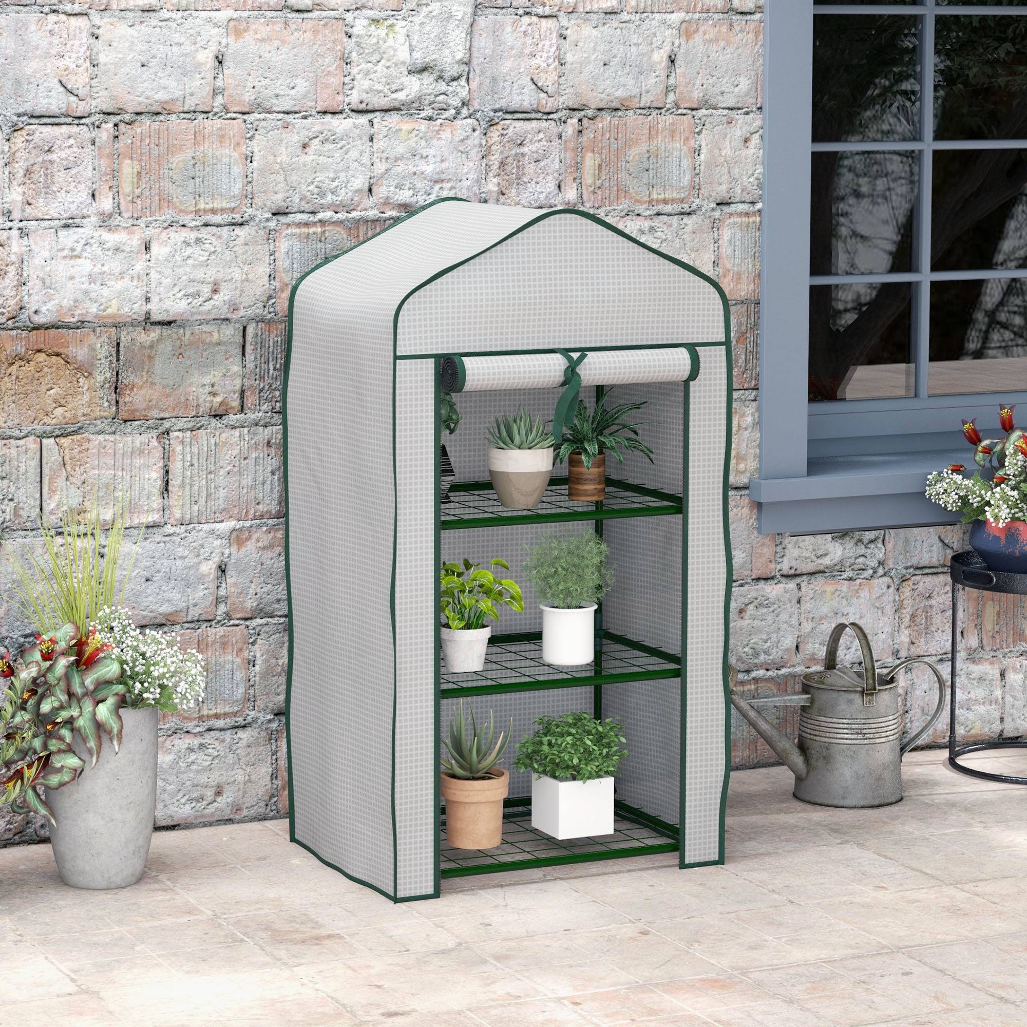 Serre de Jardin étagère 3 Niveaux dim. 59L x 39l x 127H cm métal thermolaqué Vert PE Haute densité 140g/m² Blanc - Image 3
